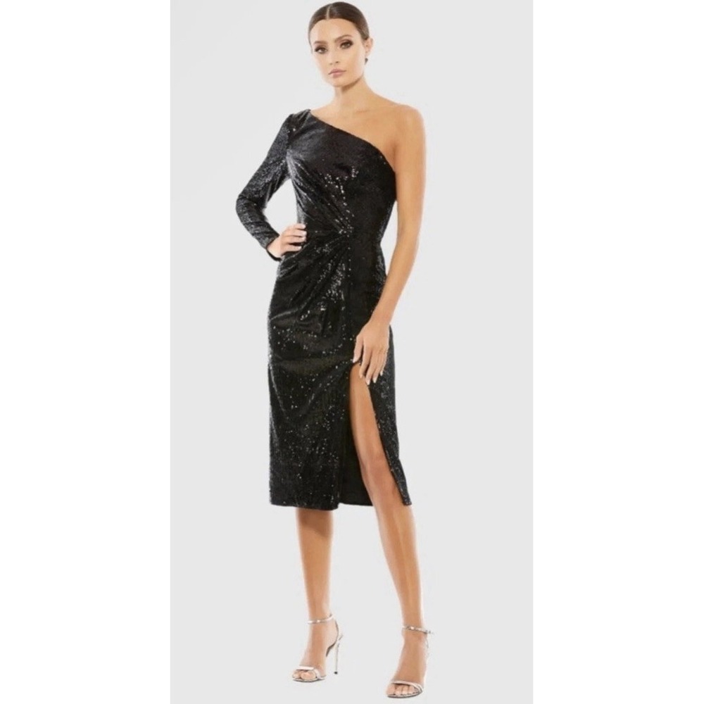New Ieena for Mac Duggal One Shoulder Midi Dress Black Size 4 26688 All Sequin
